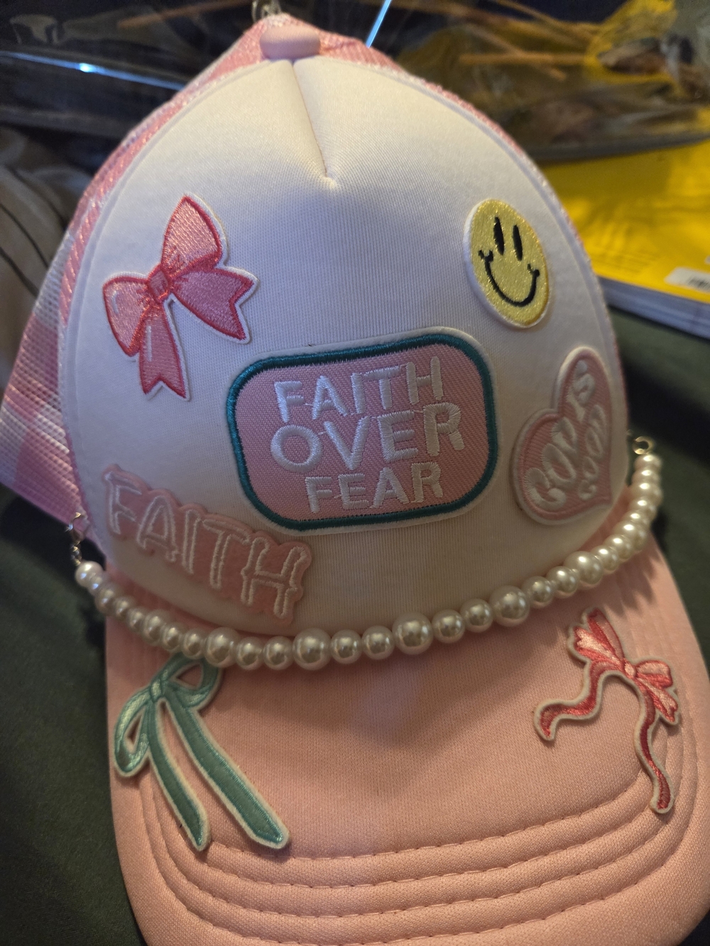 Faith Over Fear Pink Girls' Cap with Pearl Trim Hand Made